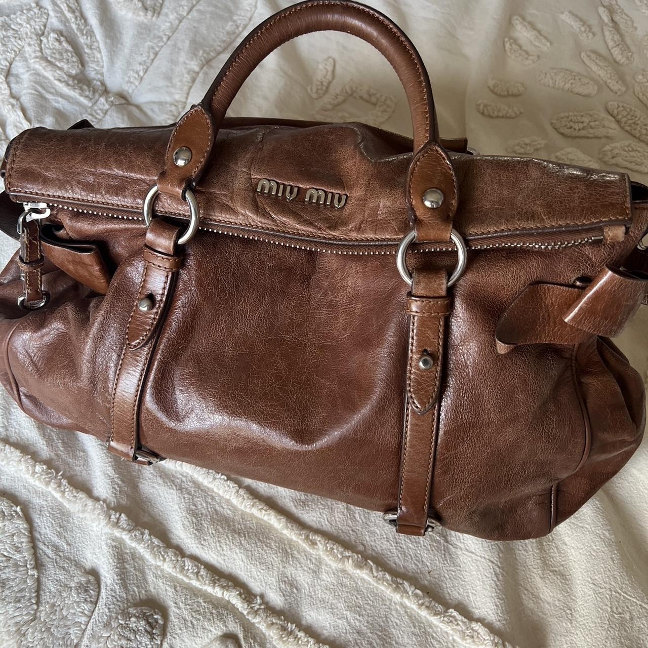 Authentic Miu Miu Vitello Lux Bow Bag – Brown with Silver Hardware