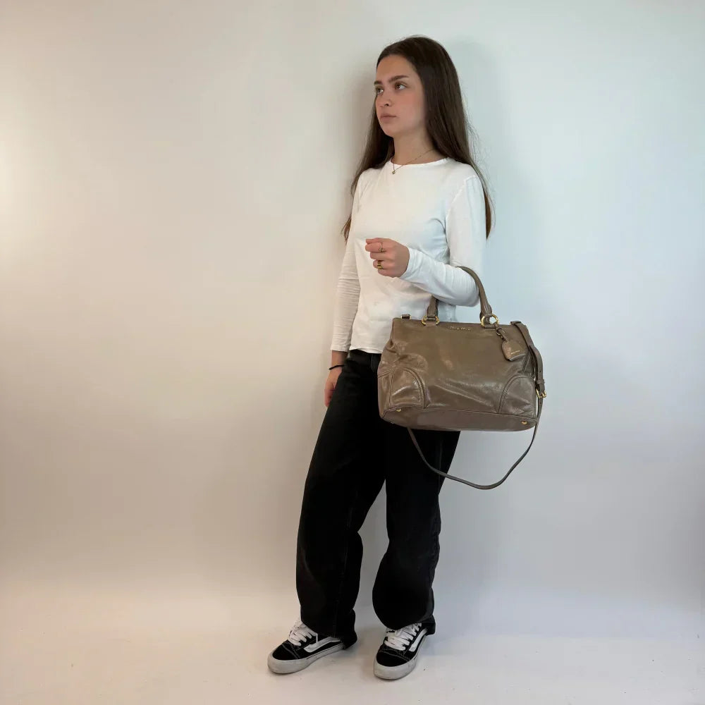 Miu Miu Vitello Shine handbag with shoulder strap in grey leather
