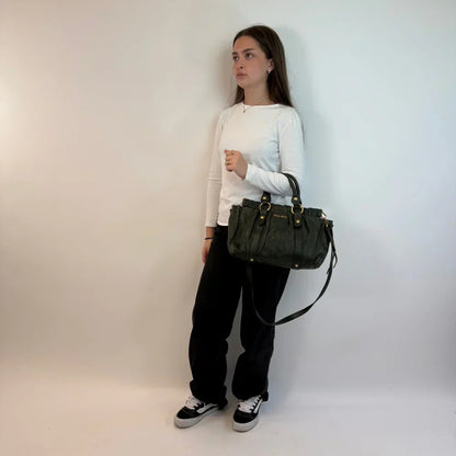 💎 Pre-owned Miu Miu Vitello Lux handbag with shoulder strap in dark green leather 💎