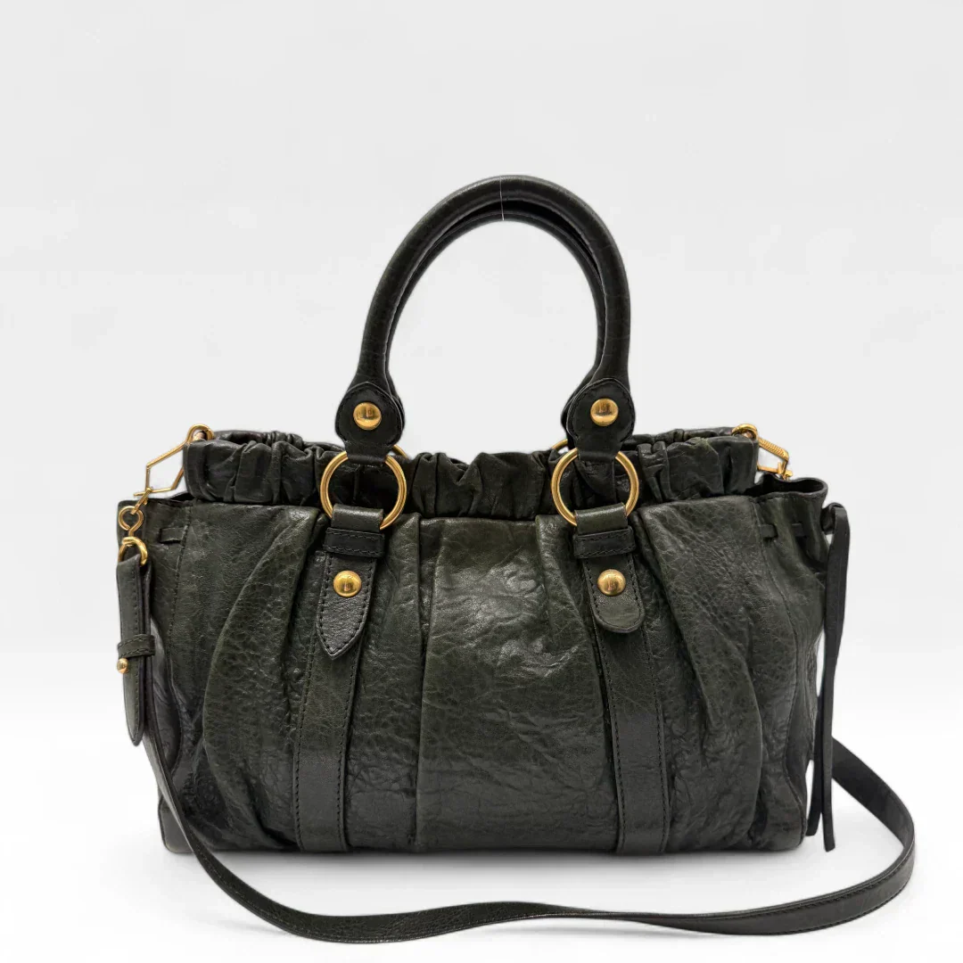 💎 Pre-owned Miu Miu Vitello Lux handbag with shoulder strap in dark green leather 💎