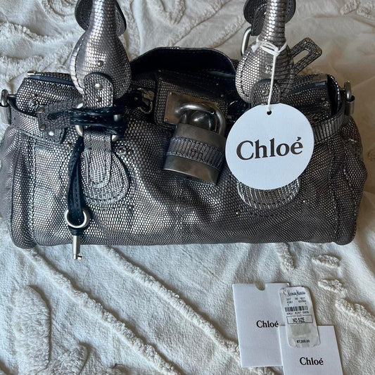 Very Rare Authentic Limited Edition Silver Lizard Chloé Paddington Bag – Silver Hardware