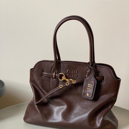 Authentic Miu Miu Brown Leather Tote – Minimalist Y2K Streetwear, Like New