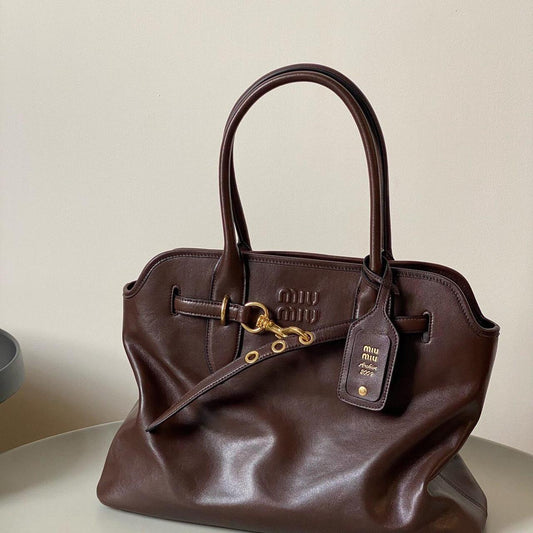 Authentic Miu Miu Brown Leather Tote – Minimalist Y2K Streetwear, Like New