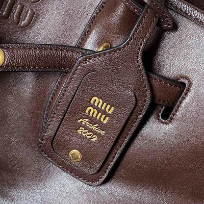 Authentic Miu Miu Brown Leather Tote – Minimalist Y2K Streetwear, Like New