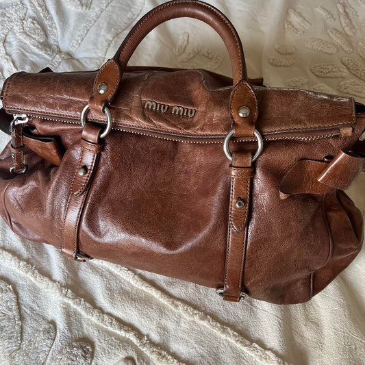 Authentic Miu Miu Vitello Lux Bow Bag – Brown with Silver Hardware
