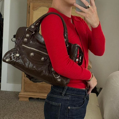 Balenciaga City Bag – Large with Silver Hardware in Chocolate Brown