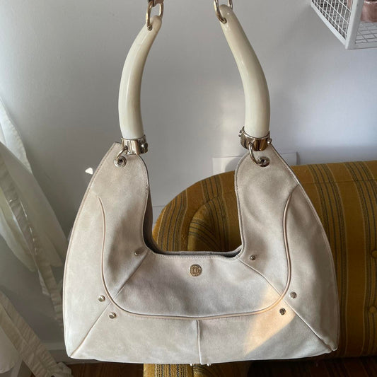 Rare Yves Saint Laurent Beige Suède Leather Double Horn Mombasa Shoulder Bag.