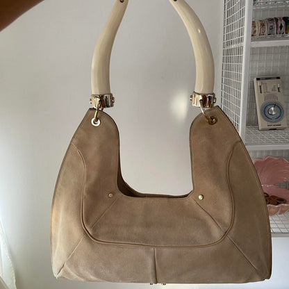 Rare Yves Saint Laurent Beige Suède Leather Double Horn Mombasa Shoulder Bag.