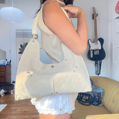 Rare Yves Saint Laurent Beige Suède Leather Double Horn Mombasa Shoulder Bag.